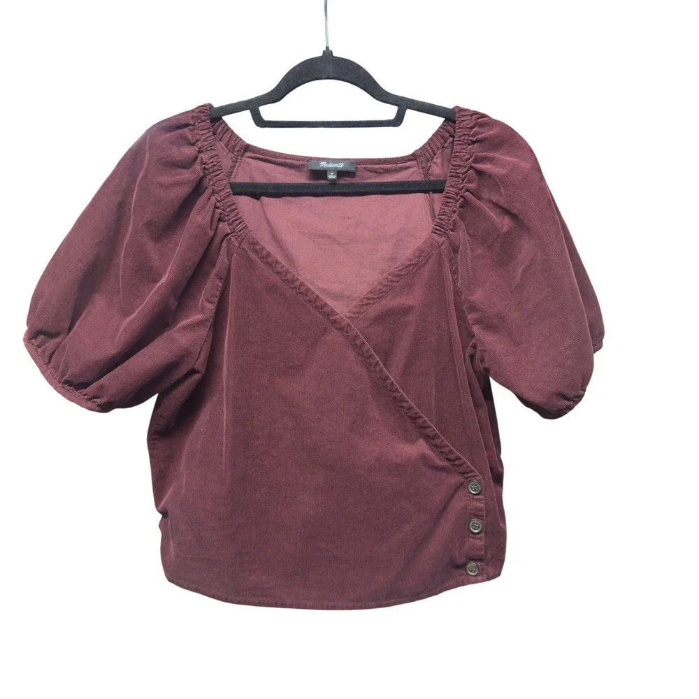 Madewell Burgundy Corduroy Puff Sleeve Wrap Top Blouse Maroon Womens M